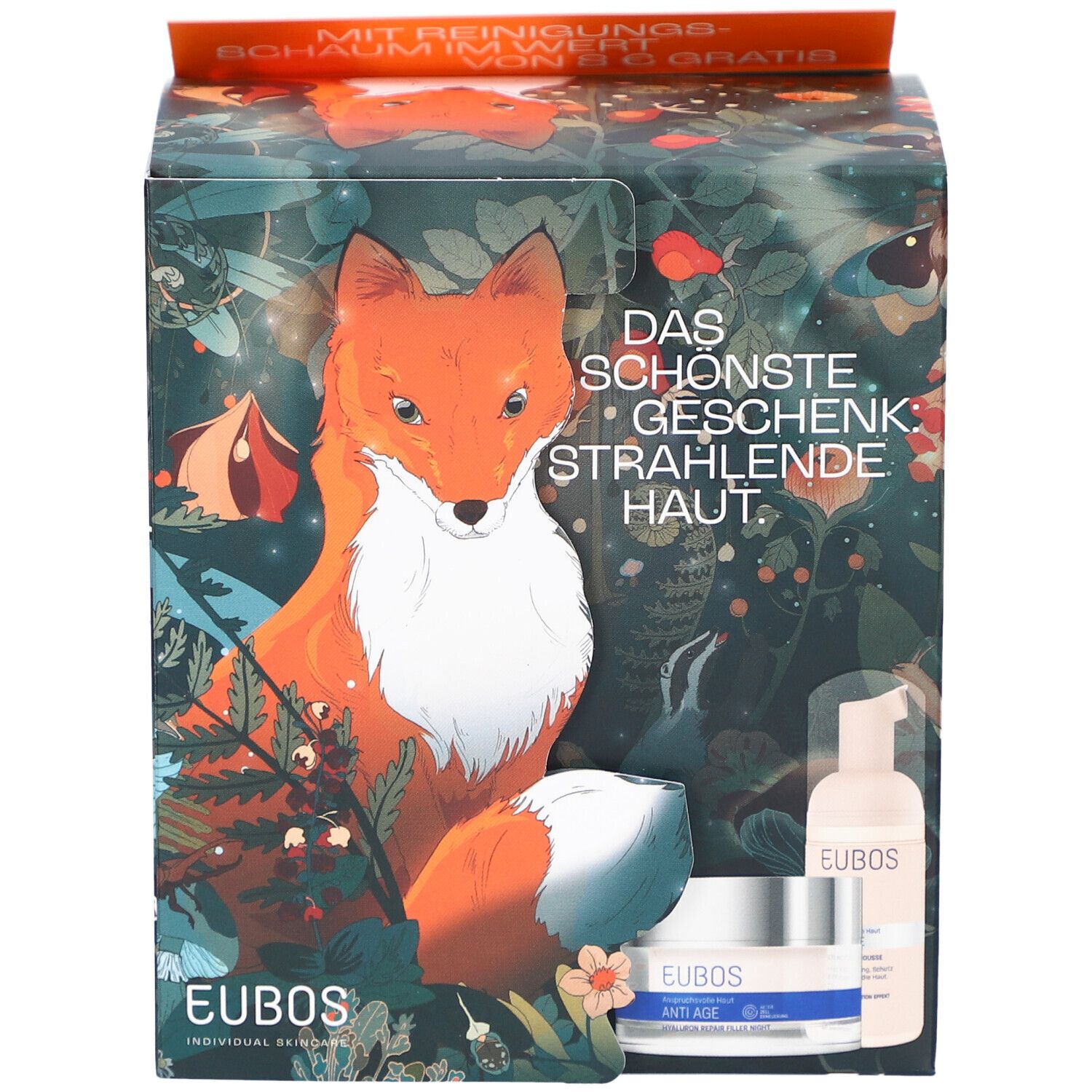 Geschenkset mit Fuchs-Illustration. Enthält Creme und Reinigungsschaum. EUBOS-Logo sichtbar. Text: Das schönste Geschenk, strahlende Haut.
