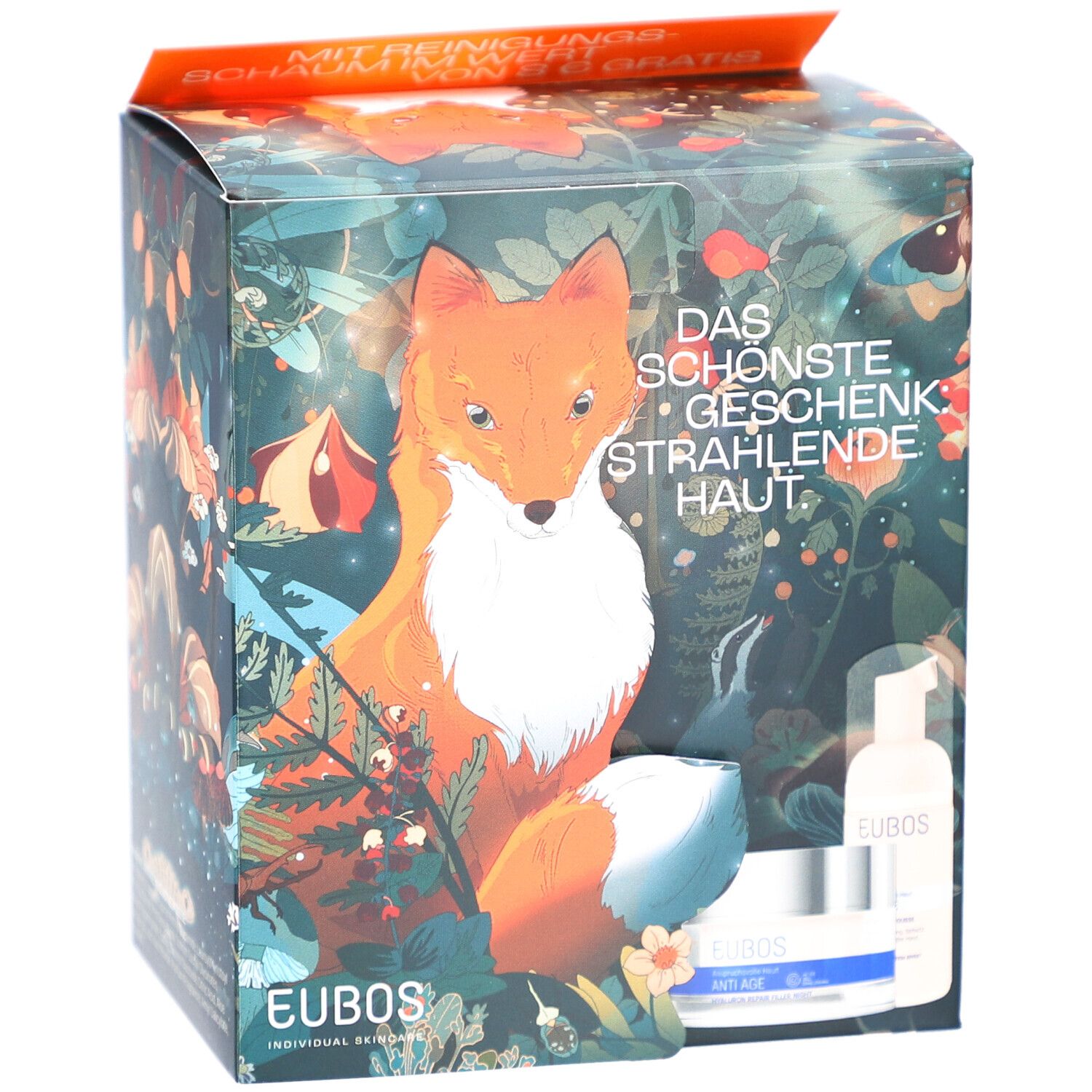 Geschenkset mit Fuchs-Illustration. Enthält Creme und Reinigungsschaum. EUBOS-Logo sichtbar. Text: Das schönste Geschenk, strahlende Haut.