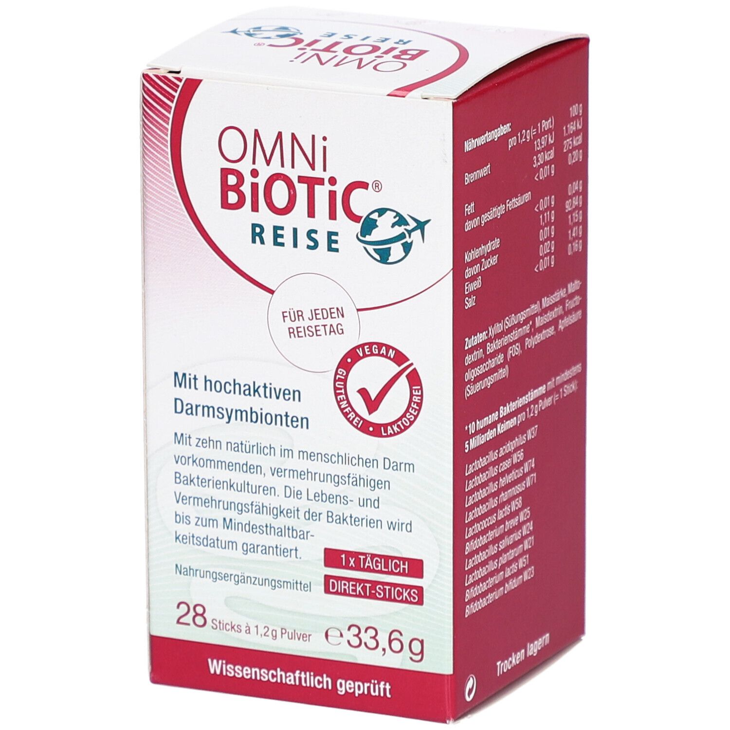 OMNi-BiOTiC REISE Direkt-Sticks. Weiße und rote Schachtel. Enthält 28 Sticks. Vegan, glutenfrei, laktosefrei.