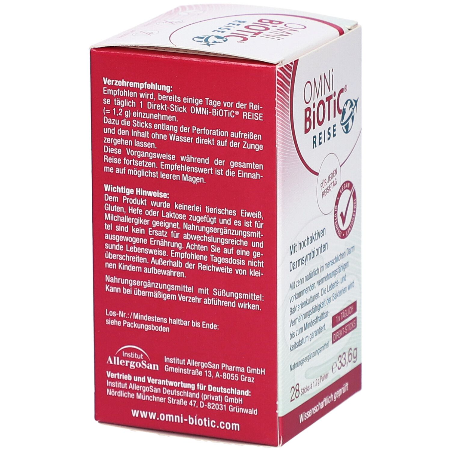 OMNi-BiOTiC REISE Direkt-Sticks. Rückseite der Schachtel mit Text. Enthält Informationen zur Anwendung und Inhaltsstoffe.