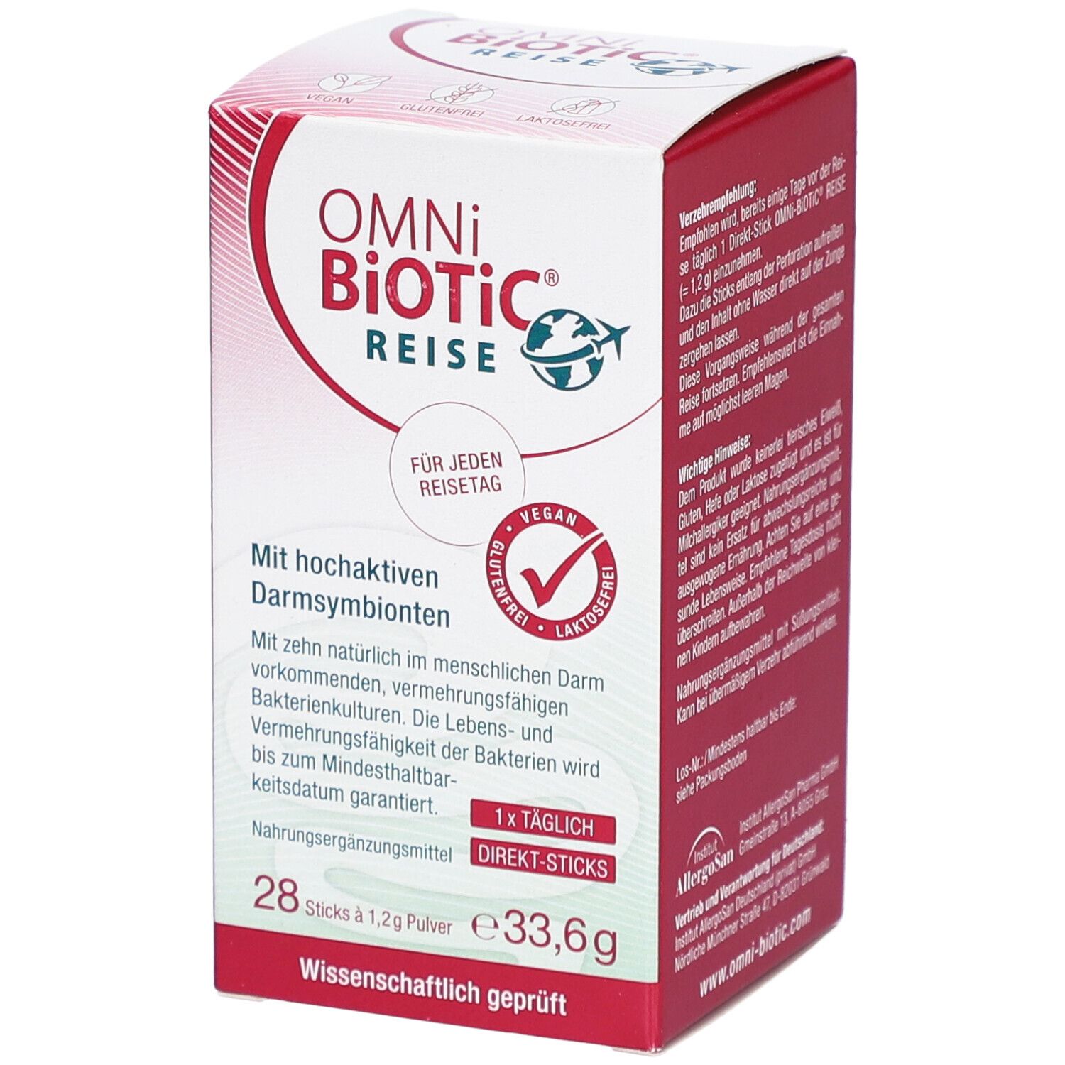 OMNi-BiOTiC REISE Direkt-Sticks. Weiße und rote Schachtel. Enthält 28 Sticks. Vegan, glutenfrei, laktosefrei.
