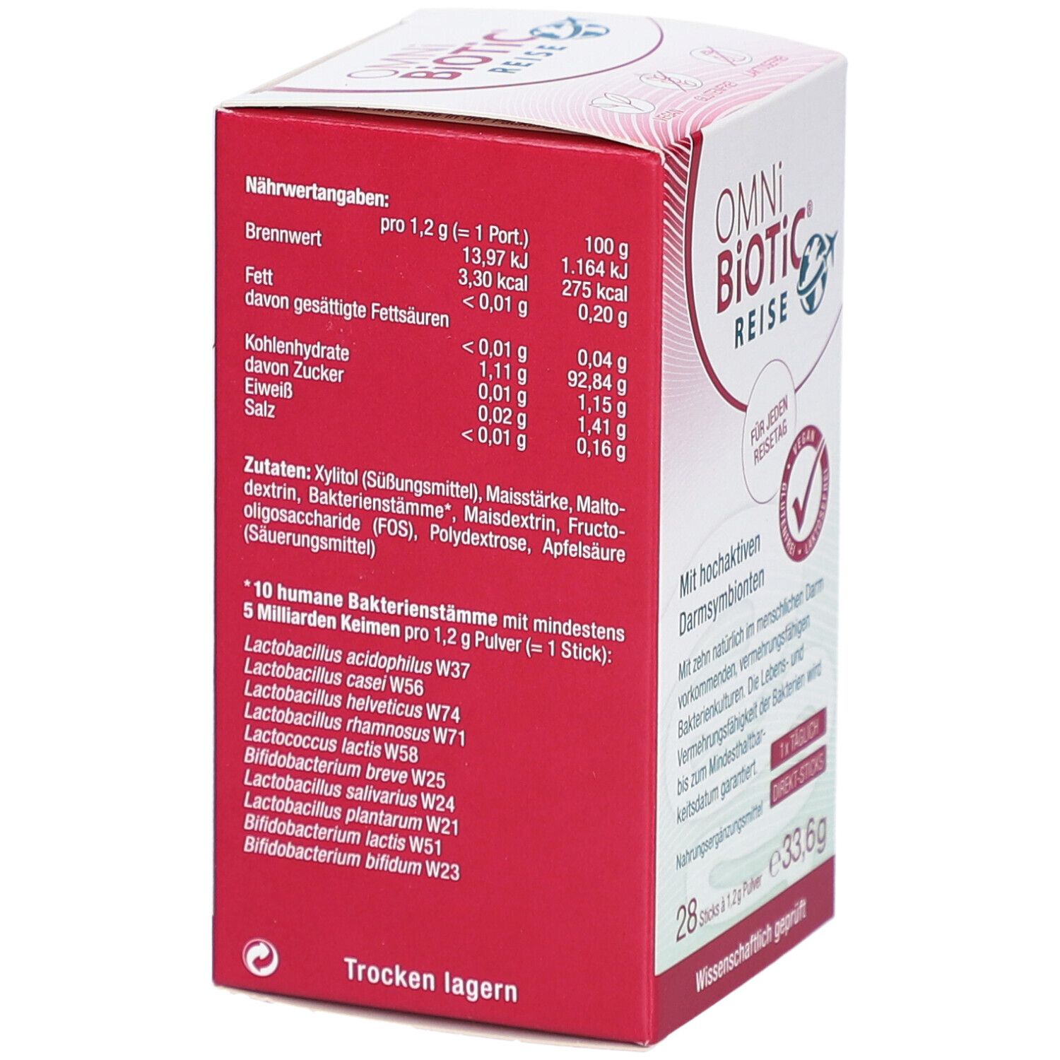 OMNi-BiOTiC REISE Direkt-Sticks. Detailansicht der Nährwertangaben auf der Schachtel. Enthält Informationen zu Nährwerten.