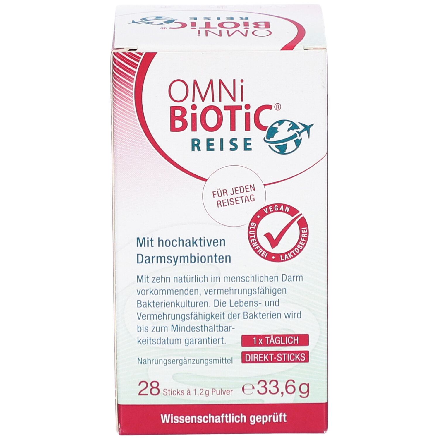 OMNi-BiOTiC REISE Direkt-Sticks. Weiße und rote Schachtel. Enthält 28 Sticks. Vegan, glutenfrei, laktosefrei.