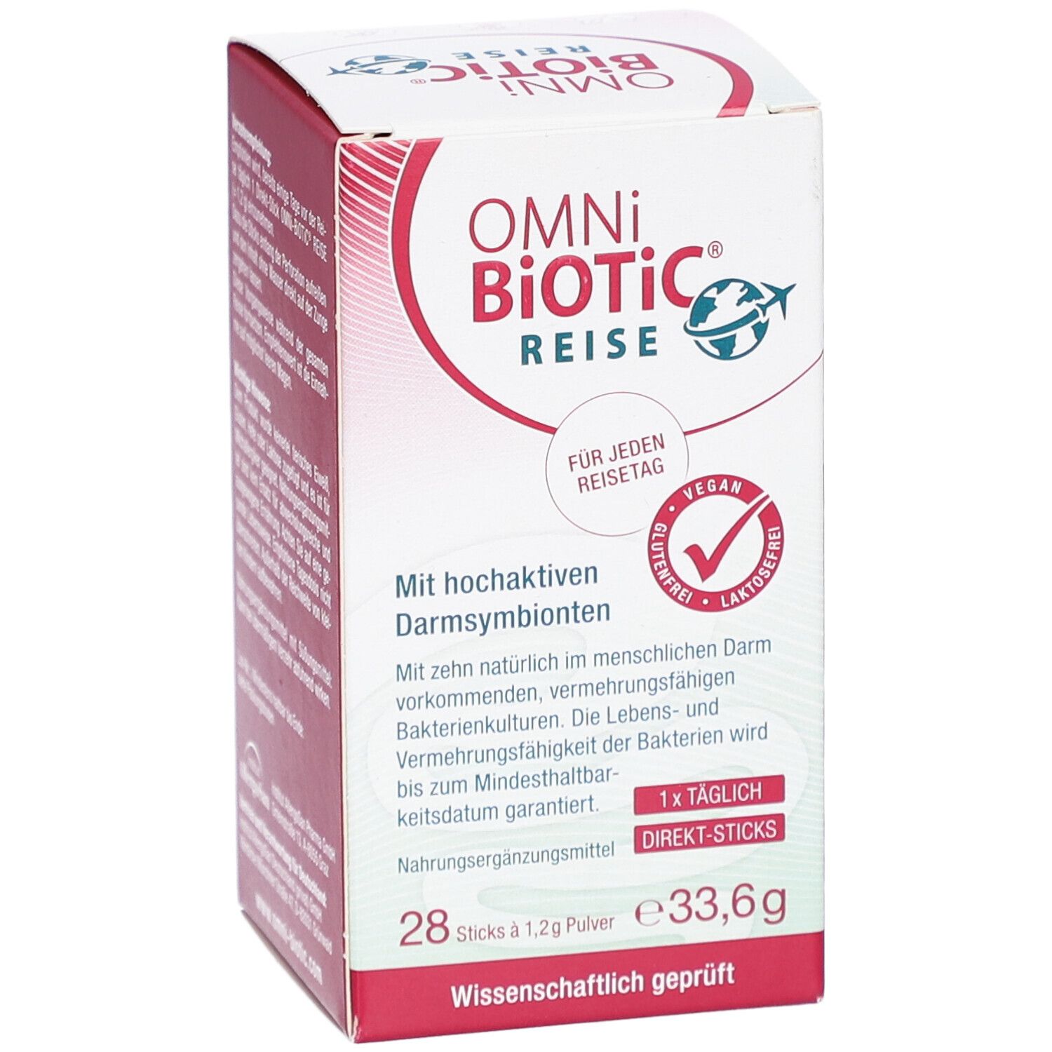 OMNi-BiOTiC REISE Direkt-Sticks. Weiße und rote Schachtel. Enthält 28 Sticks. Vegan, glutenfrei, laktosefrei.