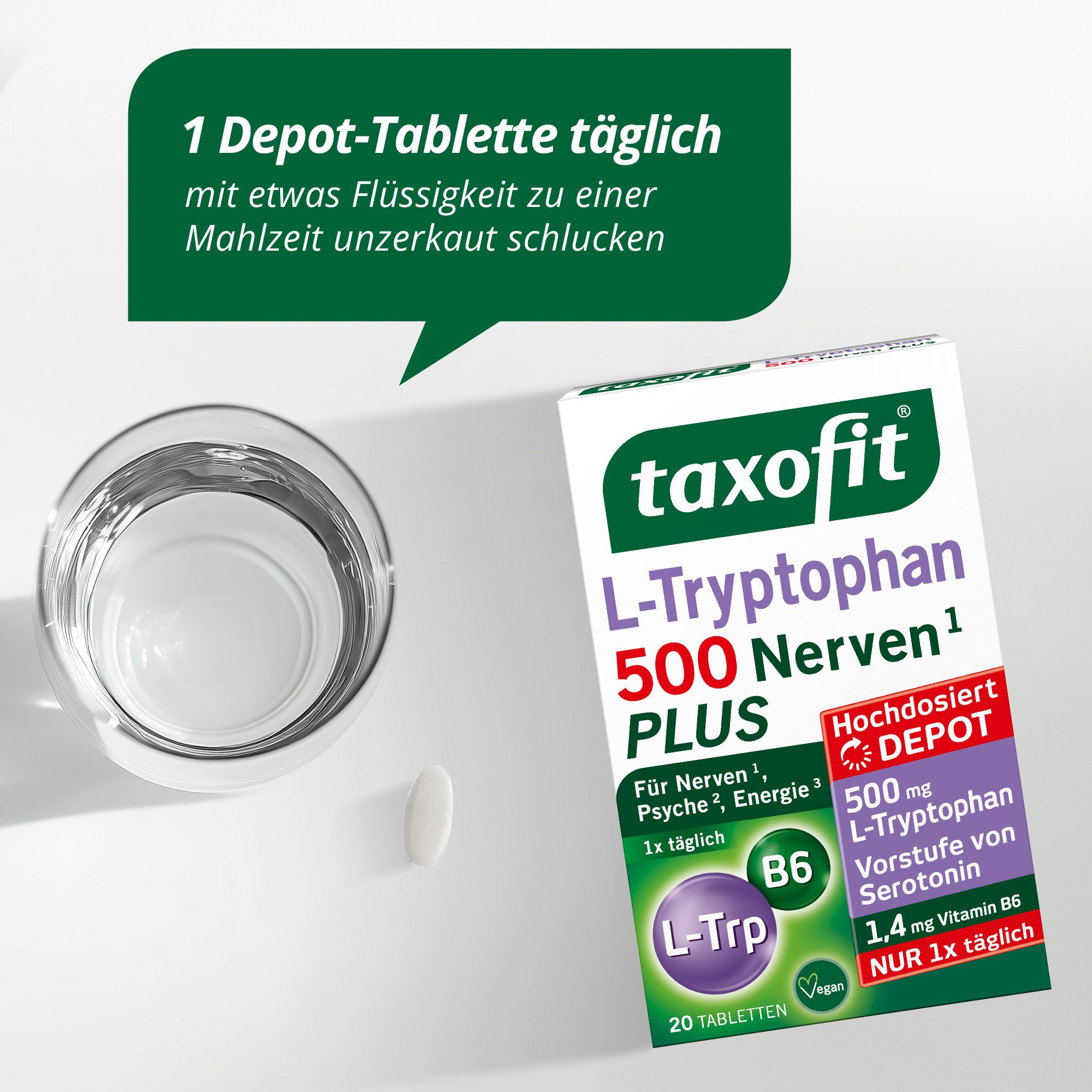 Schachtel taxofit L-Tryptophan 500 Nerven Plus neben Glas Wasser und Tablette. Text: 1 Depot-Tablette täglich.