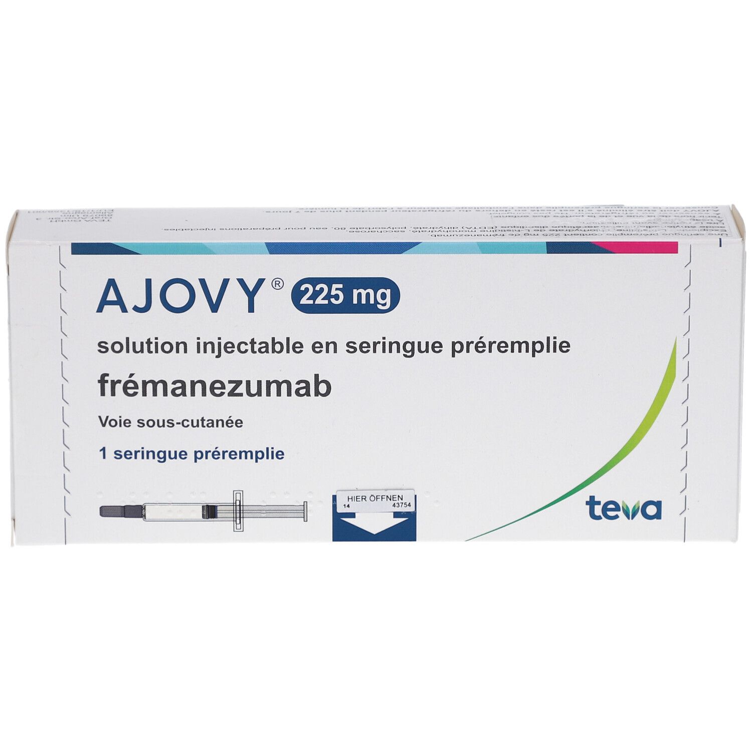 AJOVY 225 mg Injektionslösung in Fertigspritze. Weiße Faltschachtel mit Produktinformationen und Teva-Logo. Fertigspritze sichtbar.
