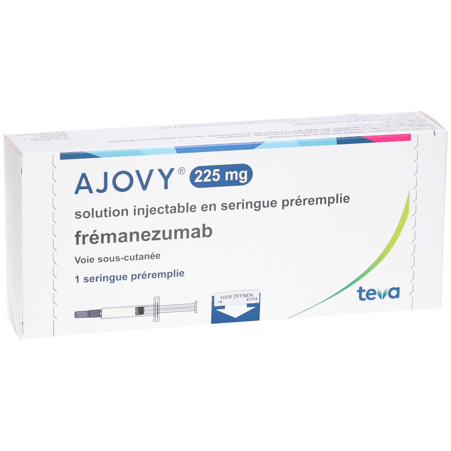 AJOVY 225 mg Injektionslösung in Fertigspritze. Weiße Faltschachtel mit Produktinformationen und Teva-Logo. Fertigspritze sichtbar.