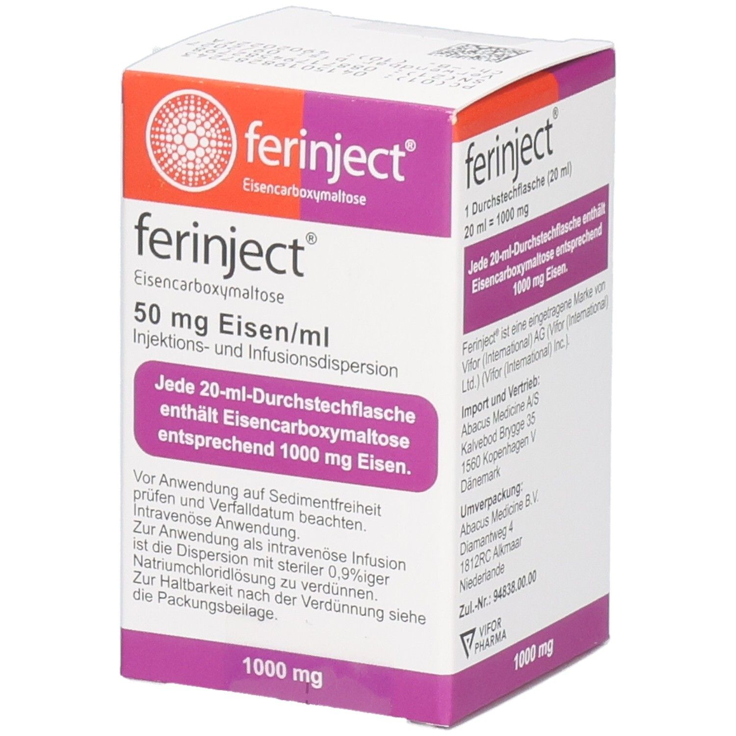 Ferinject-Verpackung. Enthält 50 mg Eisen/ml. Aufschrift: 1000 mg. Box mit Produktinformationen und Logo.