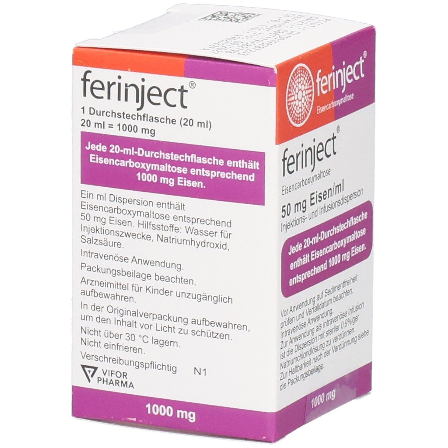 Ferinject-Verpackung. Enthält 50 mg Eisen/ml. Aufschrift: 1000 mg. Box mit Produktinformationen.
