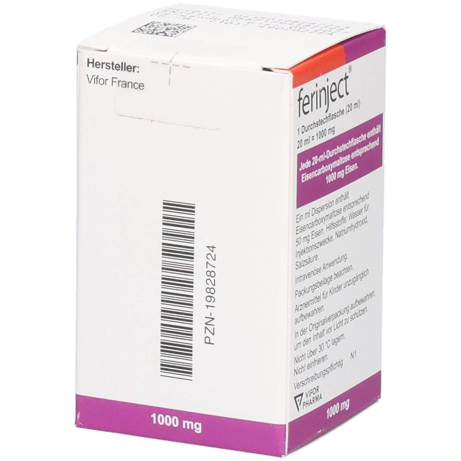 Ferinject-Verpackung. Rückseite mit Barcode und Produktinformationen. Aufschrift: 1000 mg.