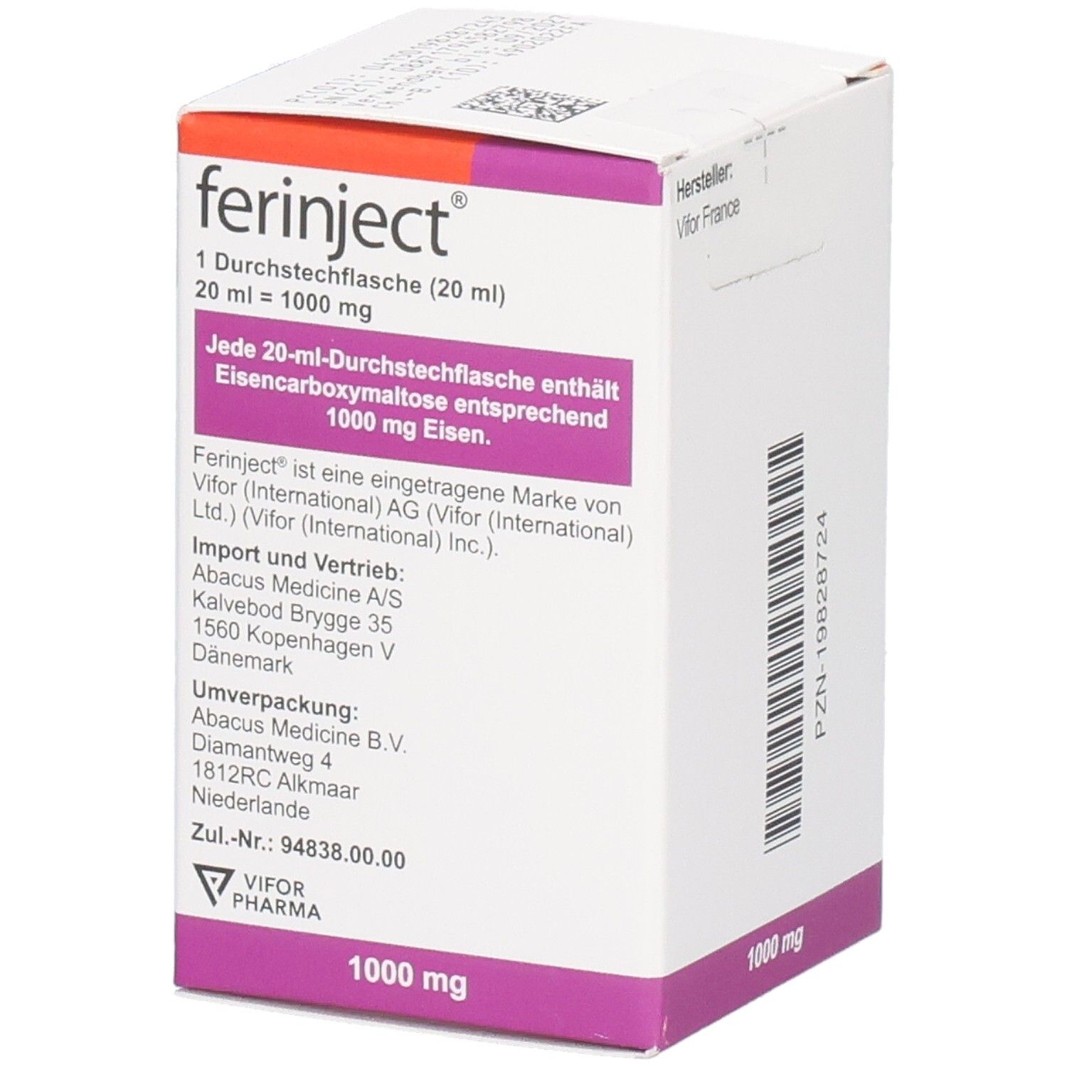 Ferinject-Verpackung. Enthält 50 mg Eisen/ml. Aufschrift: 1000 mg. Box mit Produktinformationen und Barcode.
