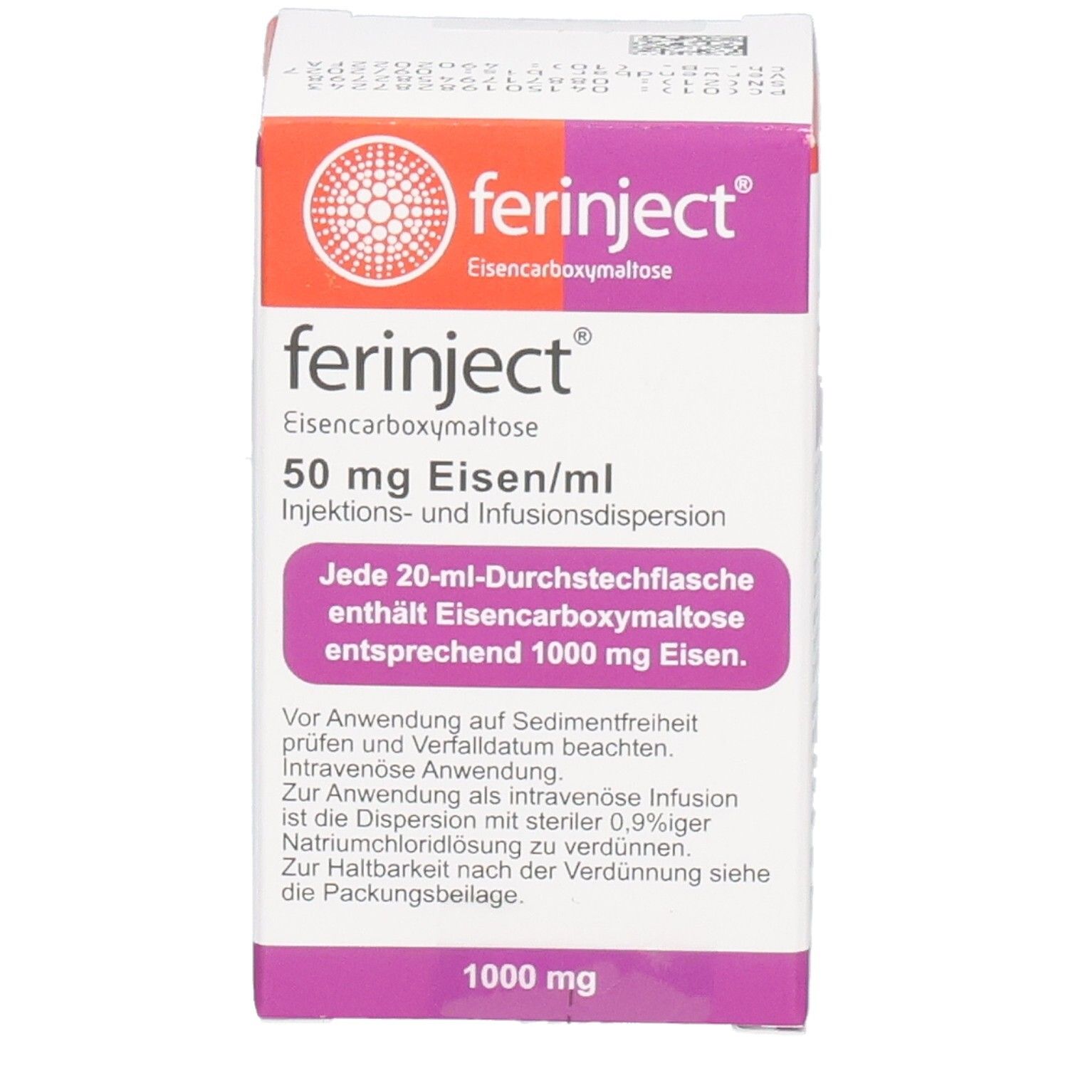 Ferinject-Verpackung. Enthält 50 mg Eisen/ml. Aufschrift: 1000 mg. Box mit Produktinformationen.