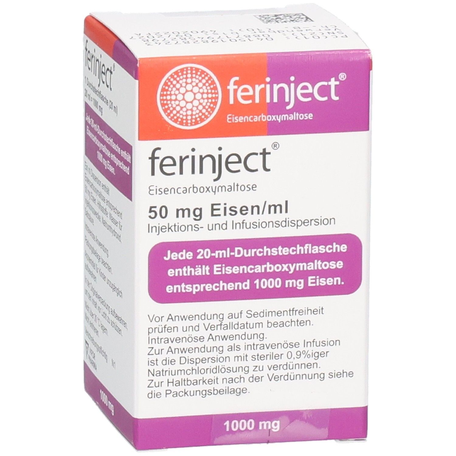Ferinject-Verpackung. Enthält 50 mg Eisen/ml. Aufschrift: 1000 mg. Box mit Produktinformationen.