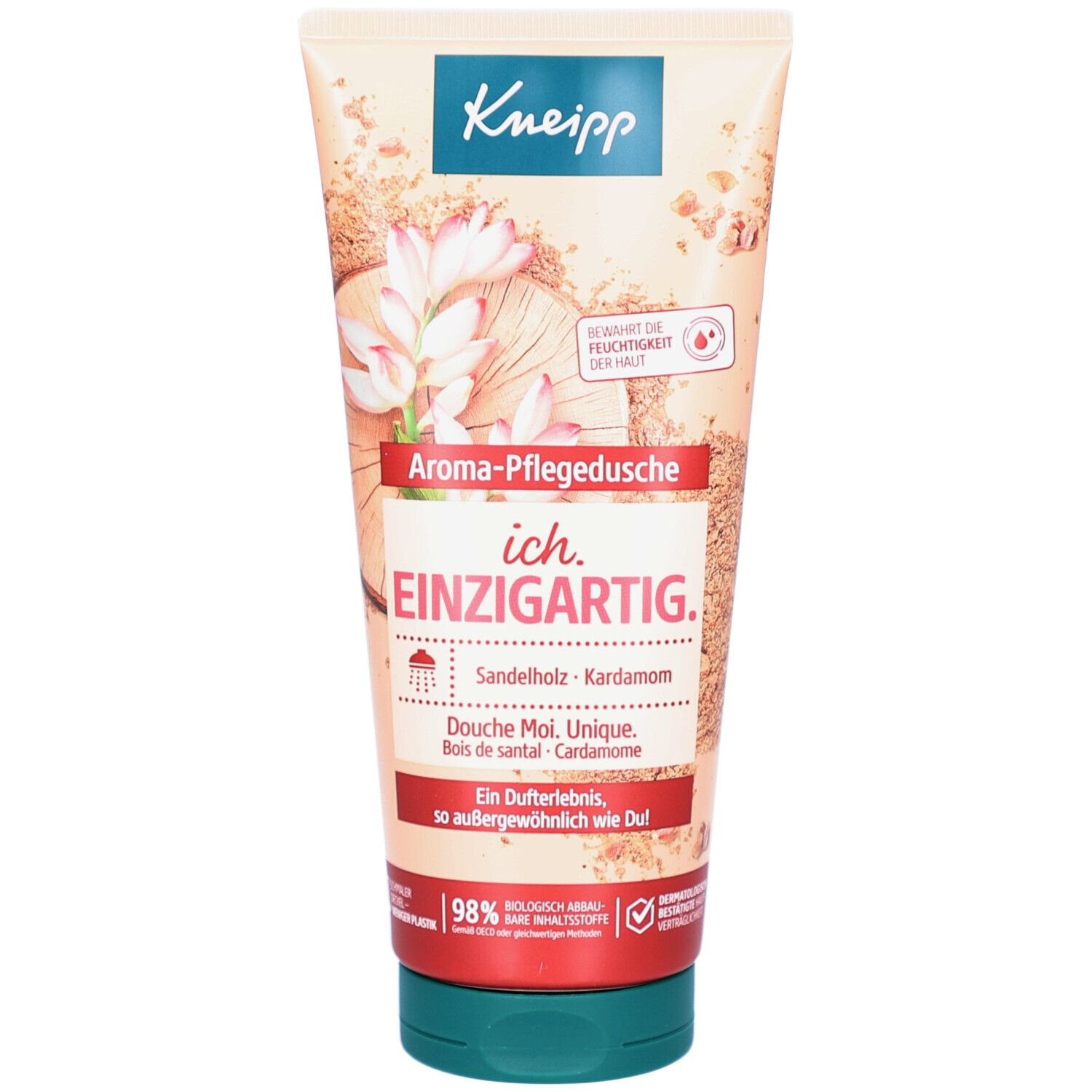 Tube Kneipp Aroma-Pflegedusche. Beige Tube mit blauem Deckel. Aufschrift: Aroma-Pflegedusche Ich. Einzigartig. Sandelholz-Kardamom.