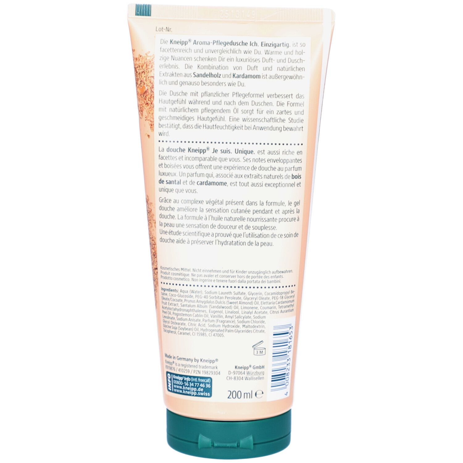 Rückseite der Tube Kneipp Aroma-Pflegedusche. Beige Tube mit Text und Inhaltsangaben. Grüner Deckel. Volumen: 200ml.
