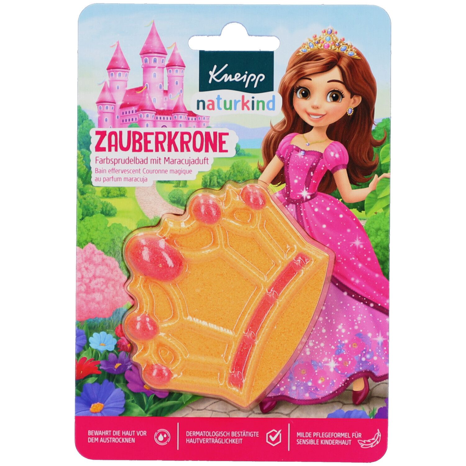 Verpackung mit Badezusatz in Kronenform. Aufdruck: Mädchen mit Krone, Schloss. Text: Zauberkrone, Farbsprudelbad.