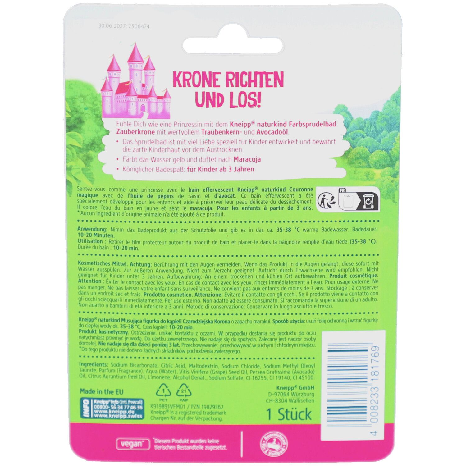 Rückseite der Produktverpackung. Text: Krone richten und los! Inhaltsstoffe, Anwendungshinweise, Herstellerinformationen.