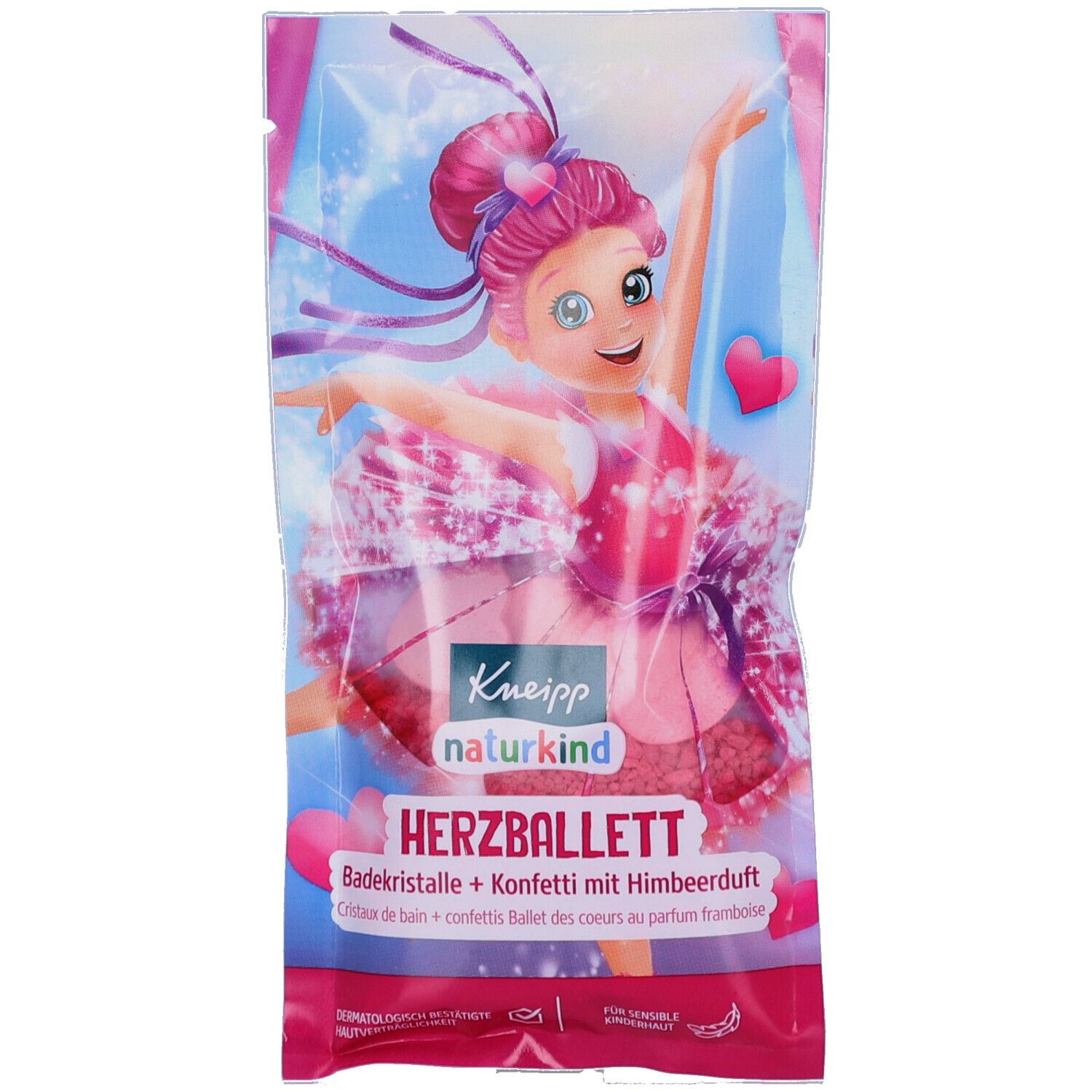 Verpackung mit Badekristallen. Rosa-farbene Kristalle, Abbildung eines Mädchens im Ballettkleid. Text: Kneipp Naturkind, Herzballett.