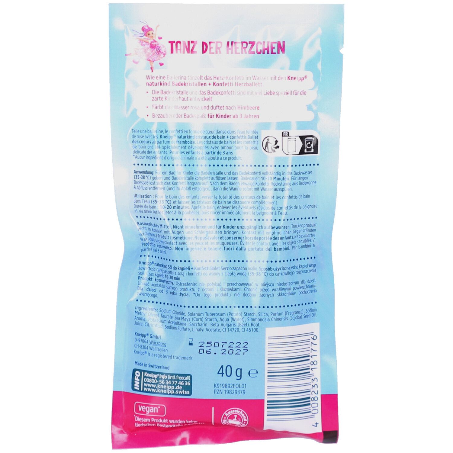 Rückseite der Verpackung. Text, Inhaltsstoffe, Chargennummer, Gewicht 40g, vegan-Logo. Kneipp-Logo.