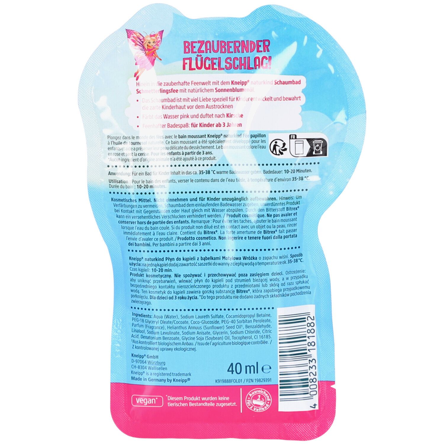 Rückseite der Kneipp Naturkind Schaumbad-Verpackung. Text und Inhaltsstoffe. Volumen: 40 ml. Vegan-Siegel.
