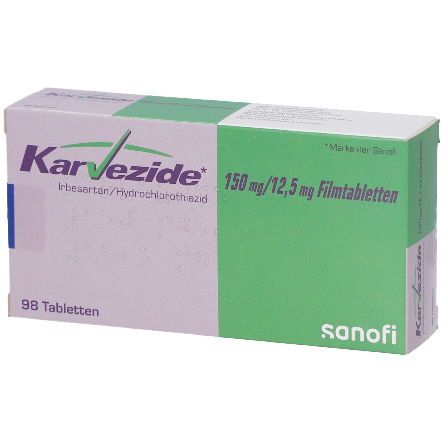 Karton KARVEZIDE 150 mg/12,5 mg Filmtabletten. Aufschrift: 98 Tabletten, Sanofi. Grün und weiß. Produktname und Dosierung.