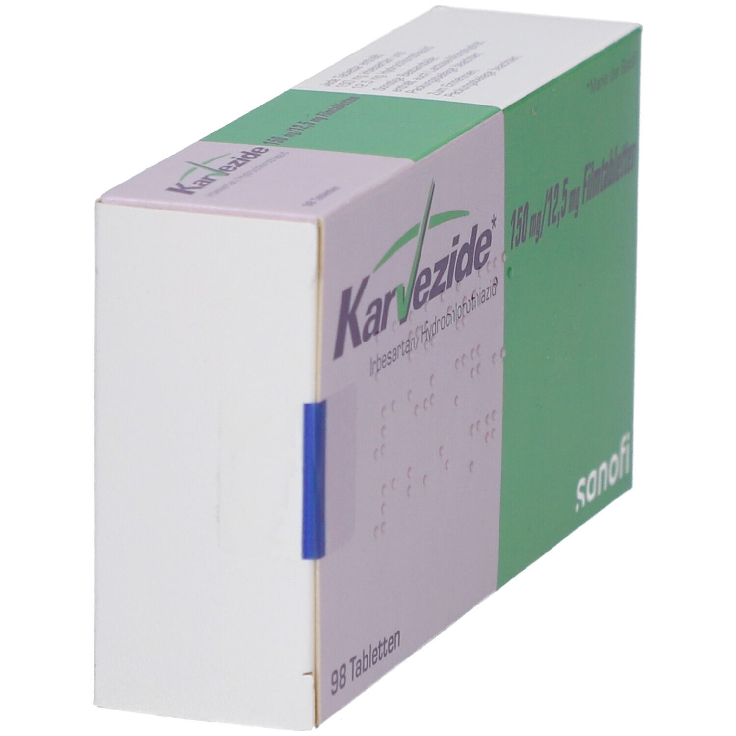 Karton KARVEZIDE 150 mg/12,5 mg Filmtabletten. Seitenansicht. Grün und weiß. Produktname und Dosierung. Sanofi Logo.