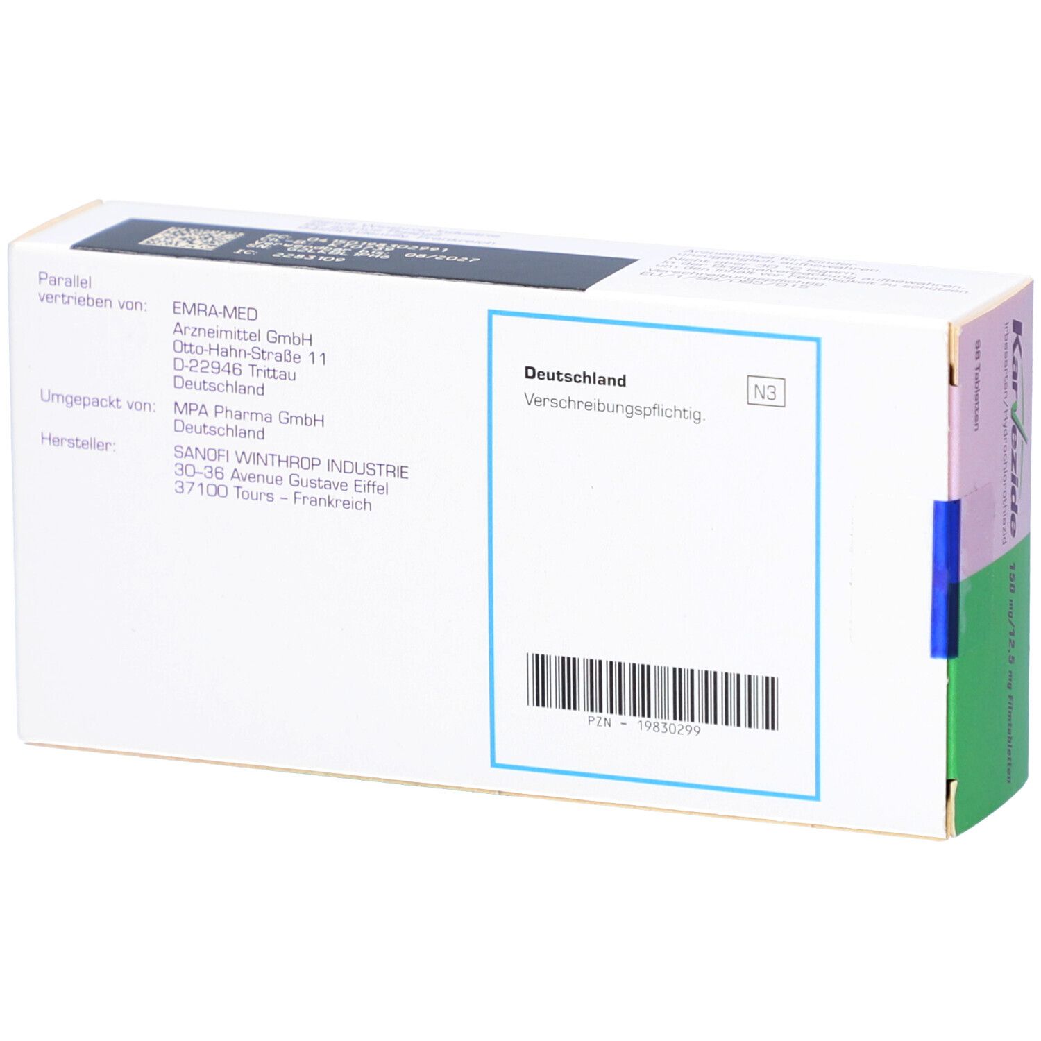 Rückseite der KARVEZIDE-Verpackung. Text: Deutschland, Verschreibungspflichtig, N3. Barcode und Herstellerinformationen.