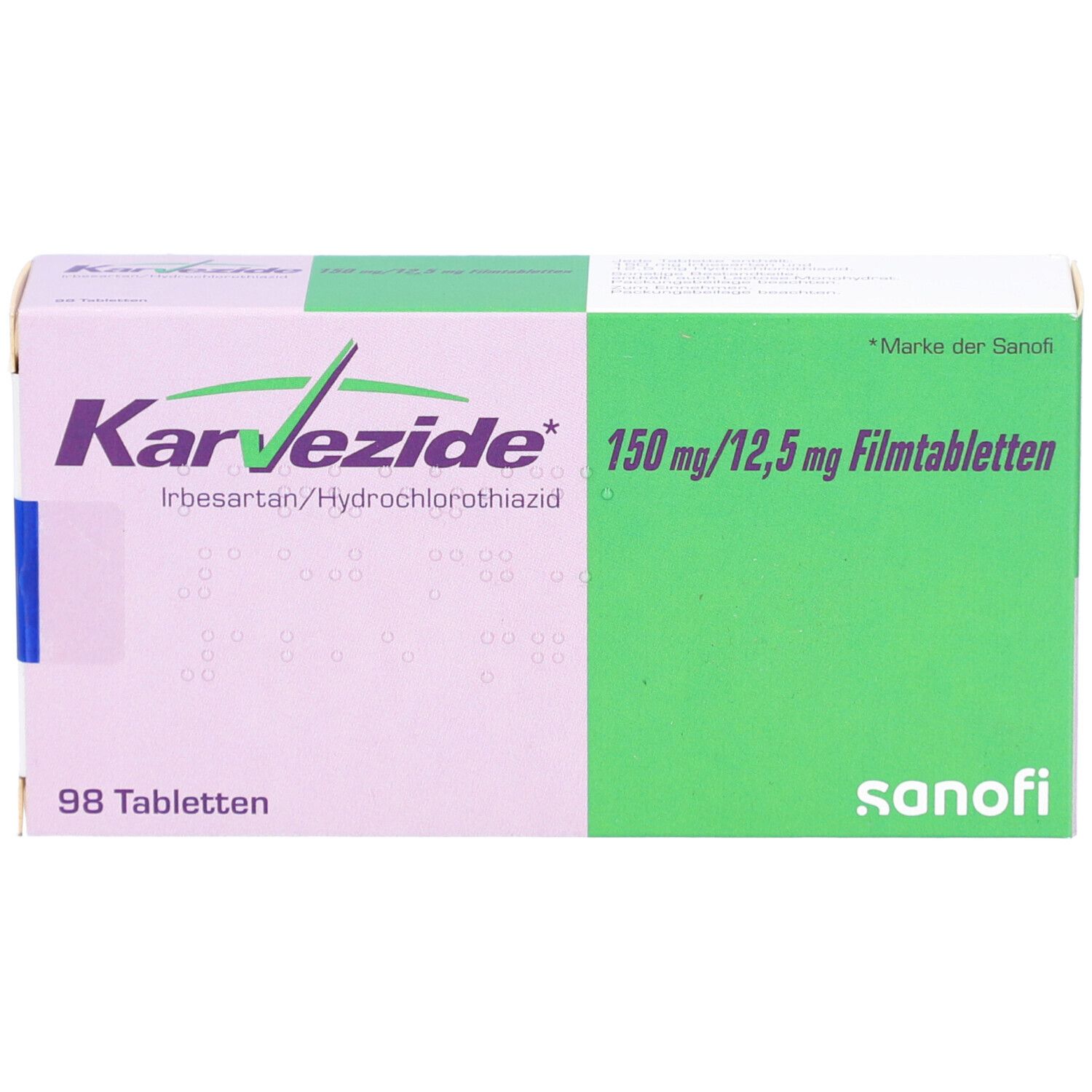 Karton KARVEZIDE 150 mg/12,5 mg Filmtabletten. Aufschrift: 98 Tabletten, Sanofi. Grün und weiß. Produktname und Dosierung.