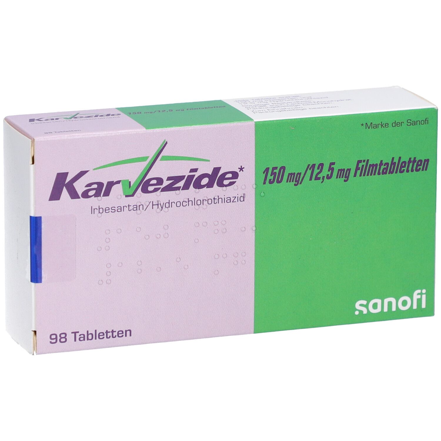 Karton KARVEZIDE 150 mg/12,5 mg Filmtabletten. Aufschrift: 98 Tabletten, Sanofi. Grün und weiß. Produktname und Dosierung.