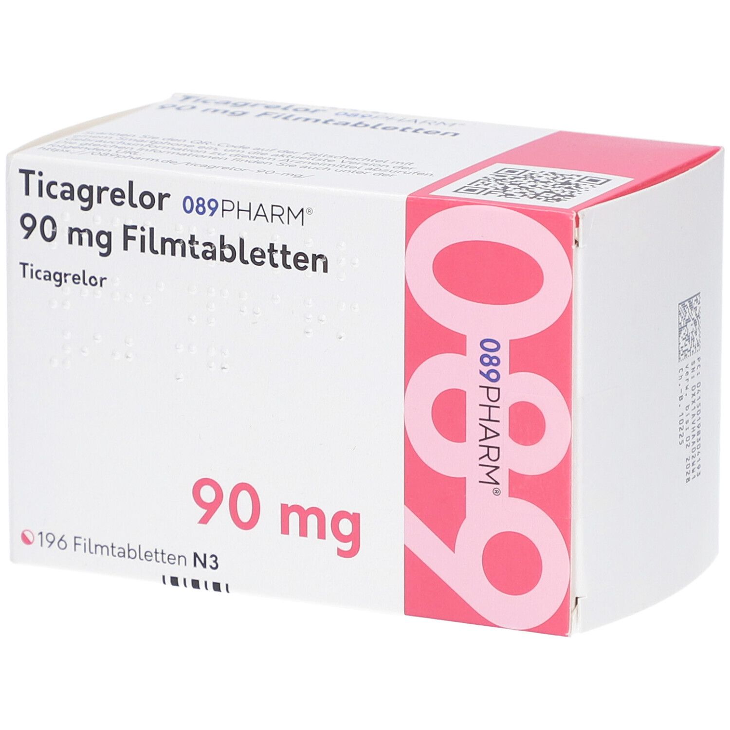 Schachtel mit Ticagrelor 90 mg Filmtabletten. Aufschrift: 089PHARM, 90 mg, 196 Filmtabletten. Rosa und weiße Verpackung.