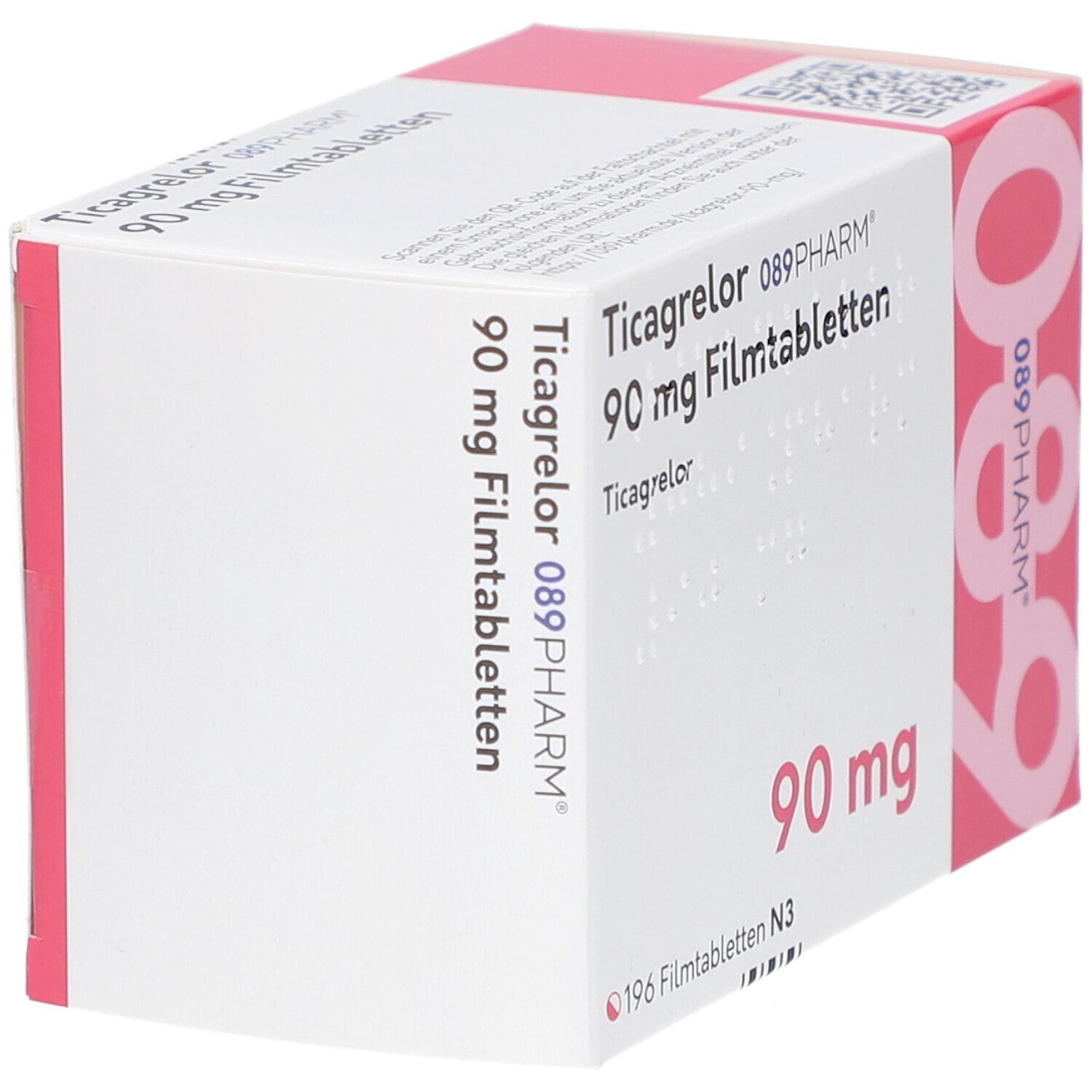 Schachtel mit Ticagrelor 90 mg Filmtabletten. Aufschrift: 089PHARM, 90 mg, 196 Filmtabletten. Rosa und weiße Verpackung.