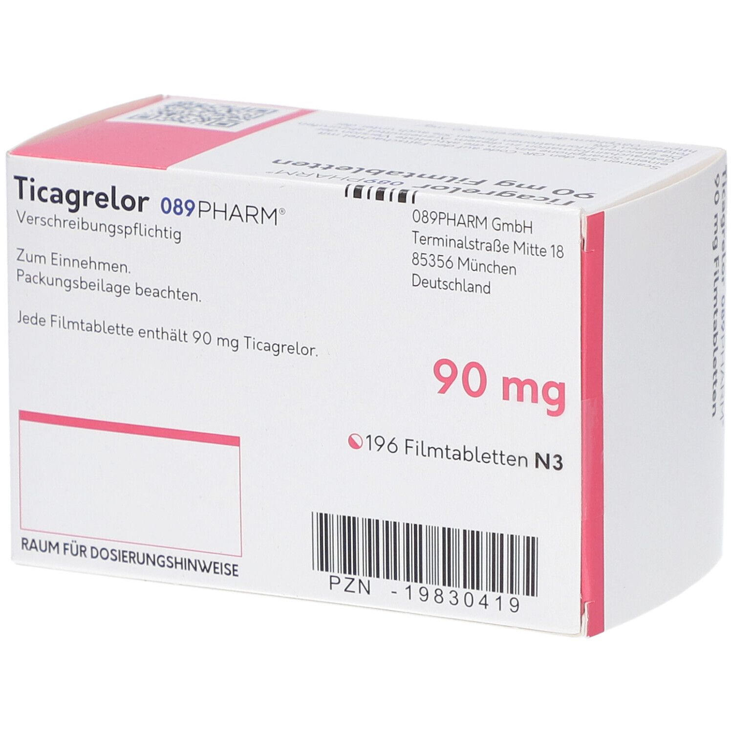 Schachtel mit Ticagrelor 90 mg Filmtabletten. Aufschrift: 089PHARM, 90 mg, 196 Filmtabletten. Rückseite mit Text und Barcode.