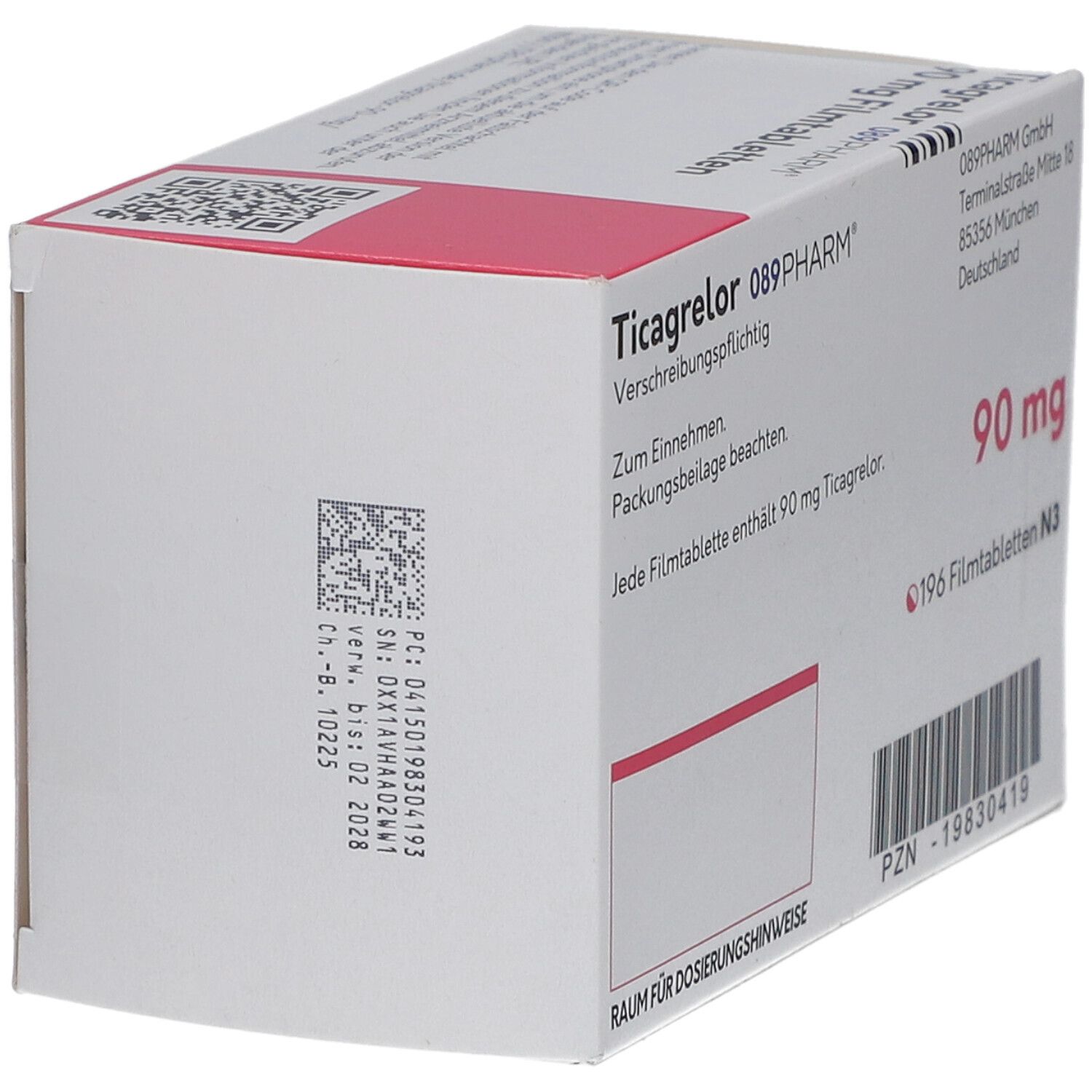 Schachtel mit Ticagrelor 90 mg Filmtabletten. Aufschrift: 089PHARM, 90 mg, 196 Filmtabletten. Rückseite mit Text und Barcode.