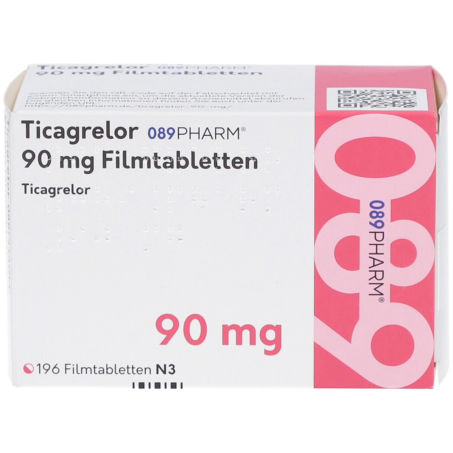 Schachtel mit Ticagrelor 90 mg Filmtabletten. Aufschrift: 089PHARM, 90 mg, 196 Filmtabletten. Rosa und weiße Verpackung.