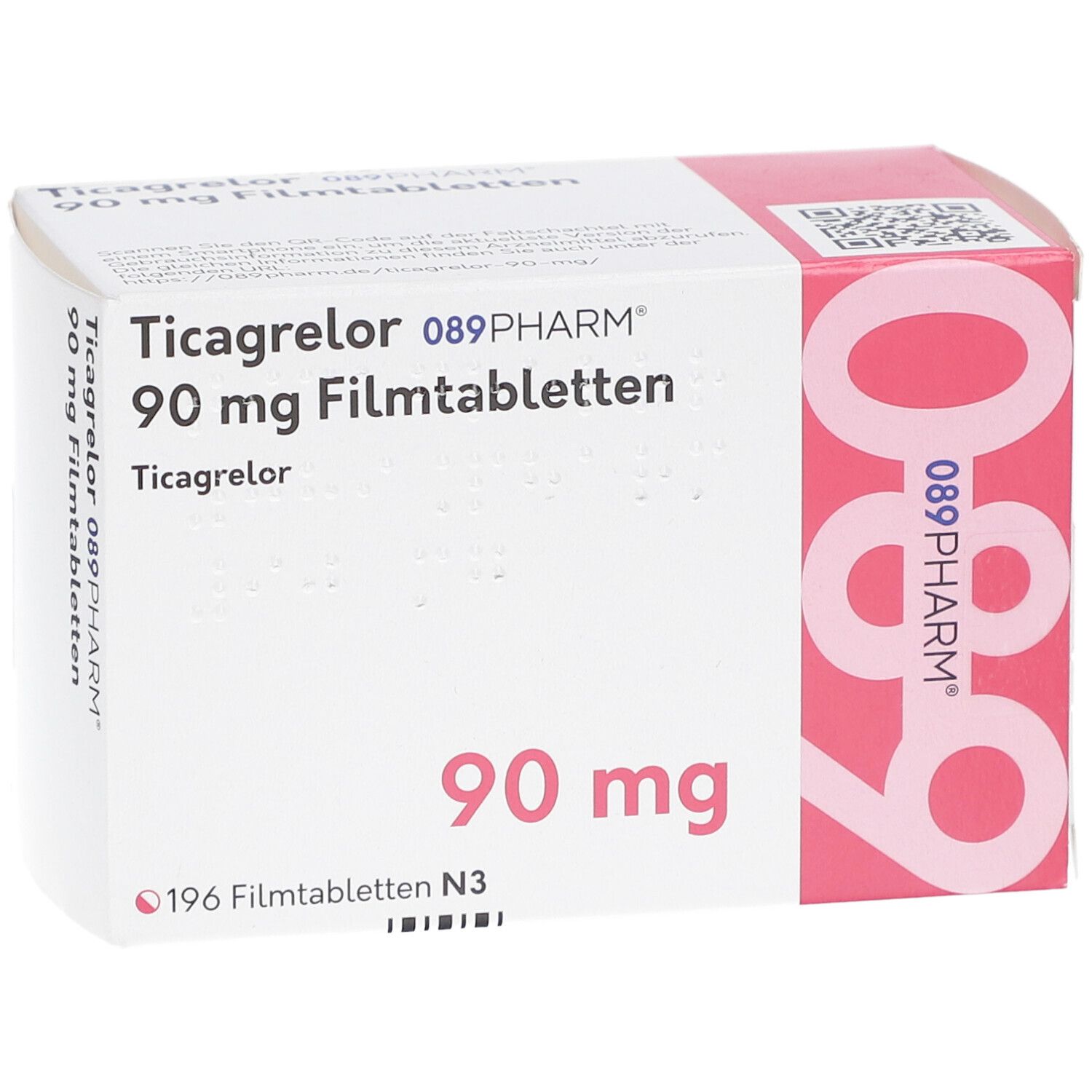Schachtel mit Ticagrelor 90 mg Filmtabletten. Aufschrift: 089PHARM, 90 mg, 196 Filmtabletten. Rosa und weiße Verpackung.