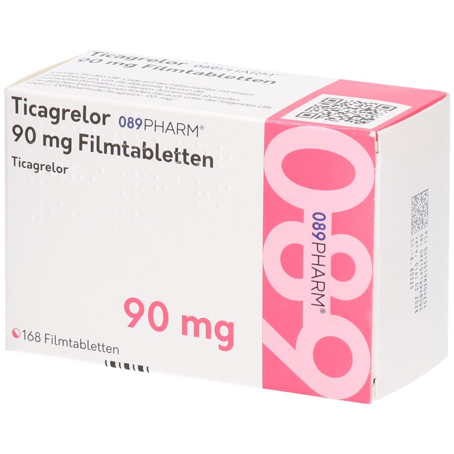 Schachtel mit Ticagrelor 089PHARM 90 mg Filmtabletten. Weiße Schachtel mit rosa Akzenten. Aufdruck: 90 mg, 168 Filmtabletten.