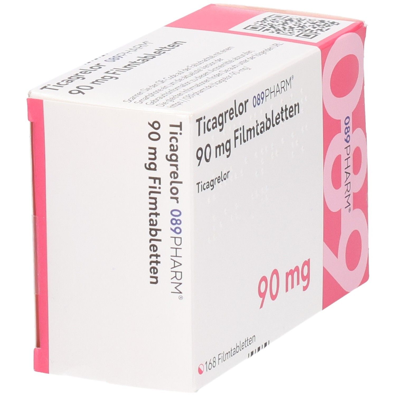 Schachtel mit Ticagrelor 089PHARM 90 mg Filmtabletten. Weiße Schachtel mit rosa Akzenten. Aufdruck: 90 mg, 168 Filmtabletten.