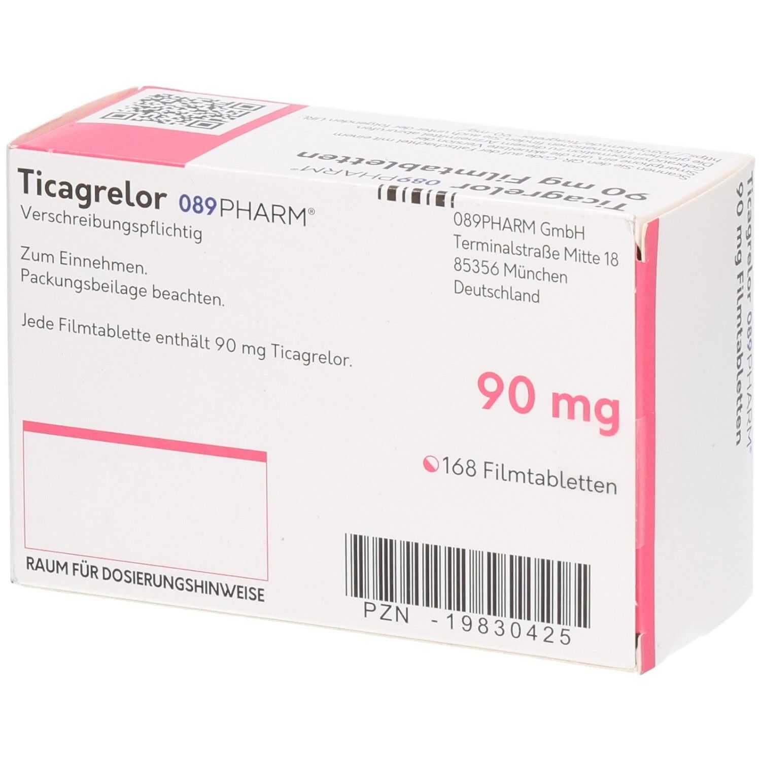 Schachtel mit Ticagrelor 089PHARM 90 mg Filmtabletten. Weiße Schachtel mit rosa Akzenten. Aufdruck: 90 mg, 168 Filmtabletten.