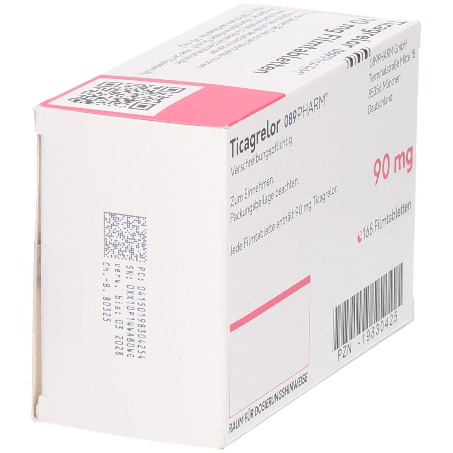 Schachtel mit Ticagrelor 089PHARM 90 mg Filmtabletten. Weiße Schachtel mit rosa Akzenten. Aufdruck: 90 mg, 168 Filmtabletten.