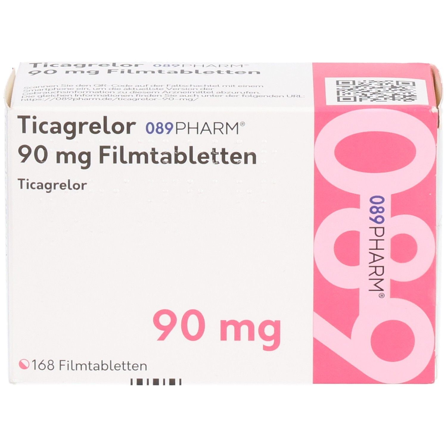 Schachtel mit Ticagrelor 089PHARM 90 mg Filmtabletten. Weiße Schachtel mit rosa Akzenten. Aufdruck: 90 mg, 168 Filmtabletten.