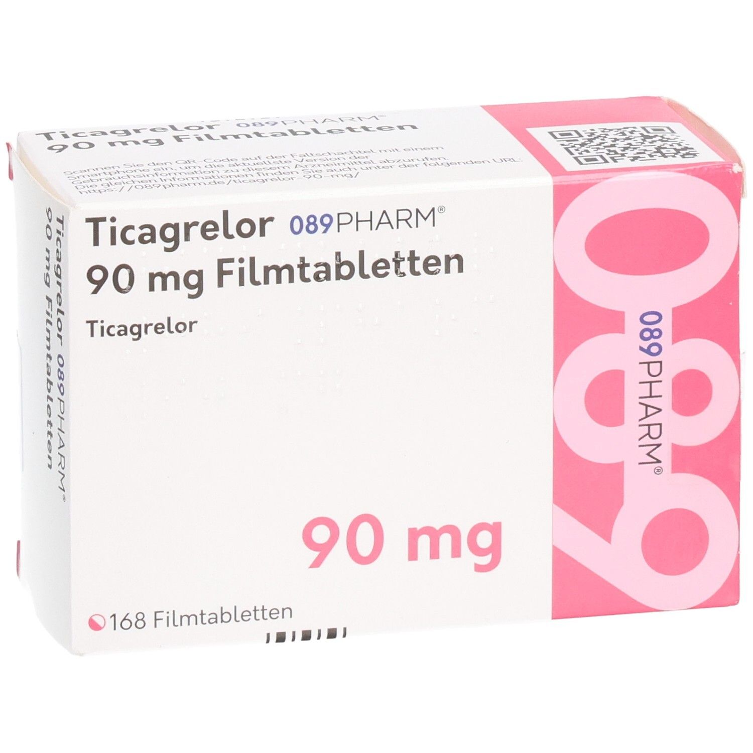 Schachtel mit Ticagrelor 089PHARM 90 mg Filmtabletten. Weiße Schachtel mit rosa Akzenten. Aufdruck: 90 mg, 168 Filmtabletten.