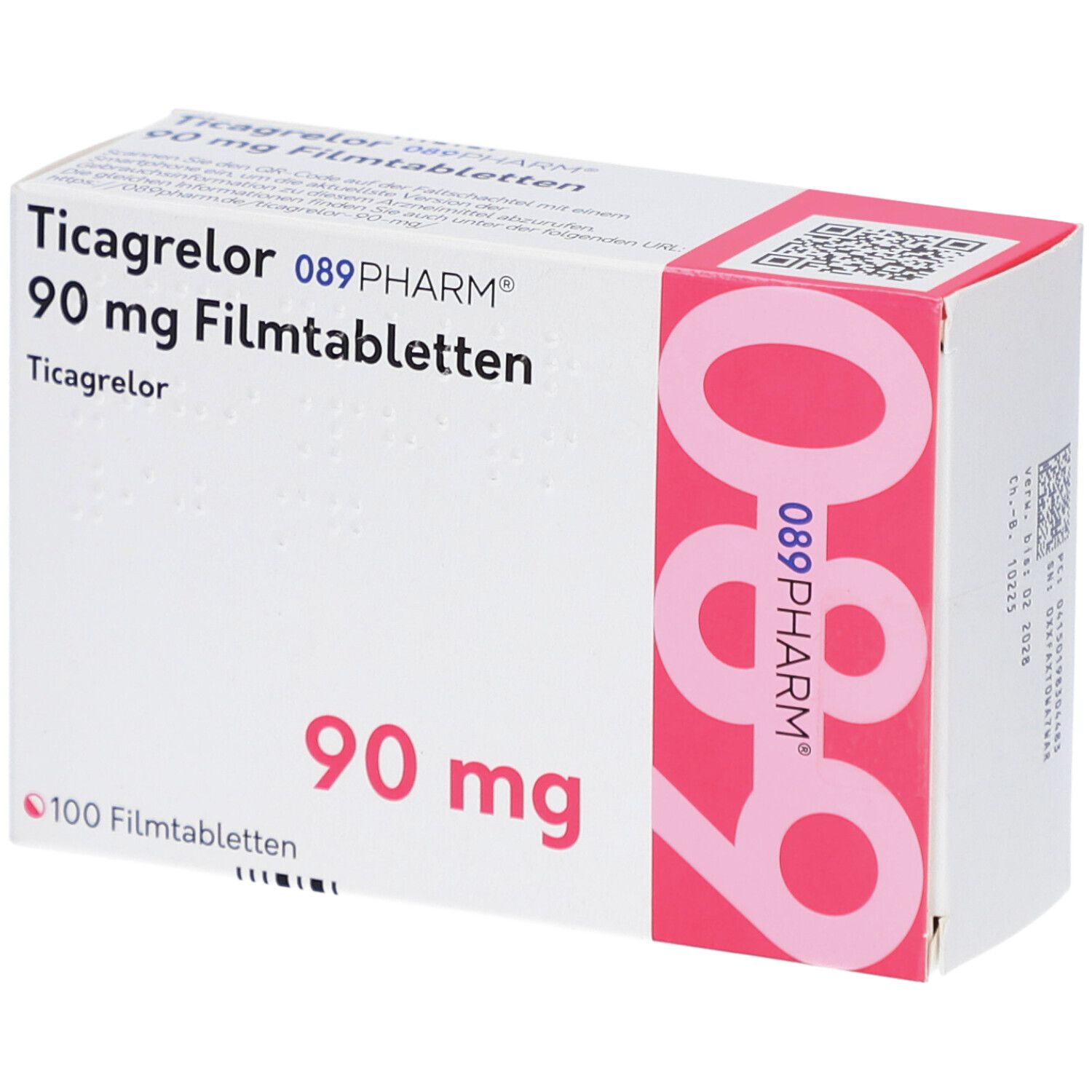 Schachtel mit Ticagrelor 90 mg Filmtabletten. 089PHARM Logo. 100 Filmtabletten. Rote und weiße Verpackung.