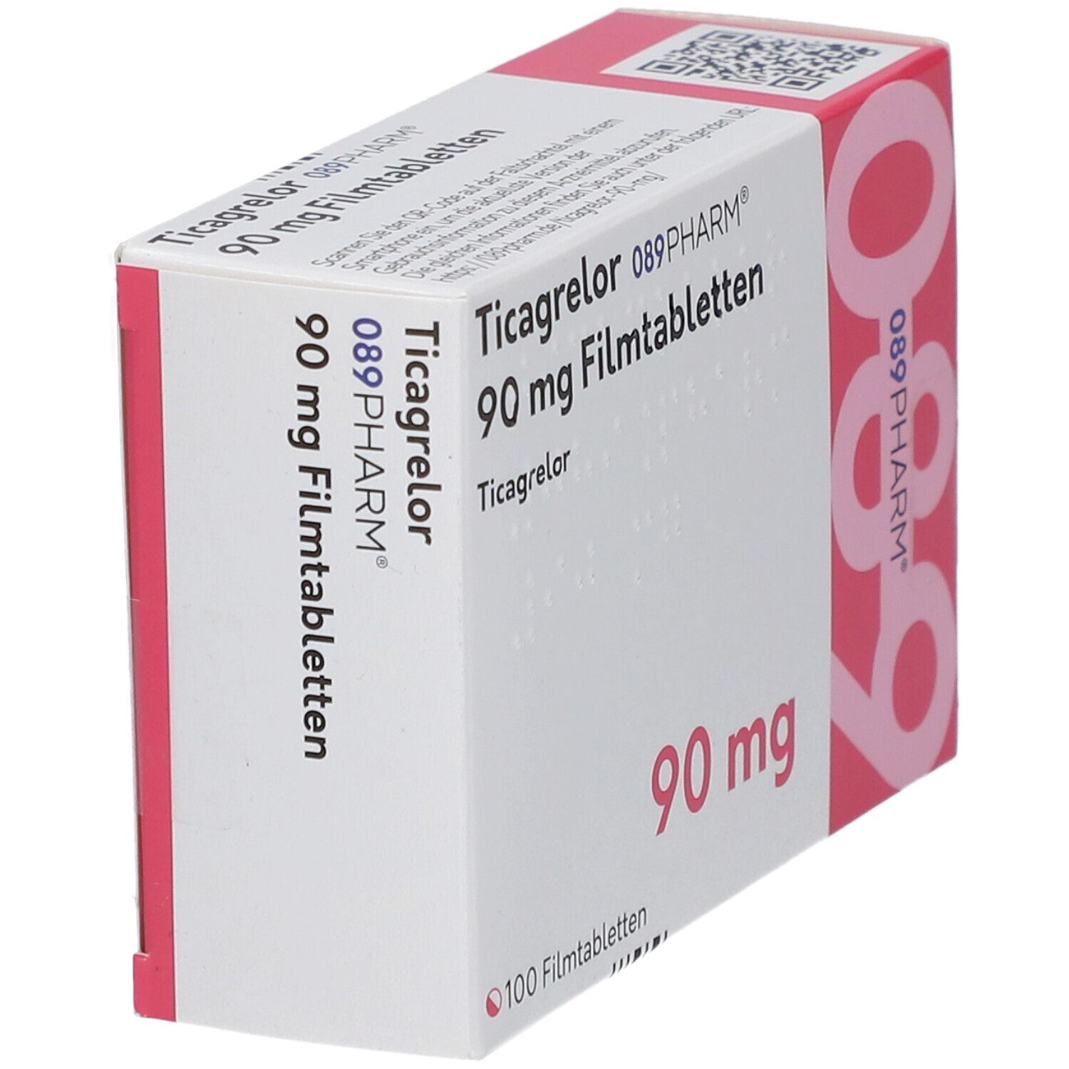 Schachtel mit Ticagrelor 90 mg Filmtabletten. 089PHARM Logo. 100 Filmtabletten. Schräge Ansicht der Verpackung.