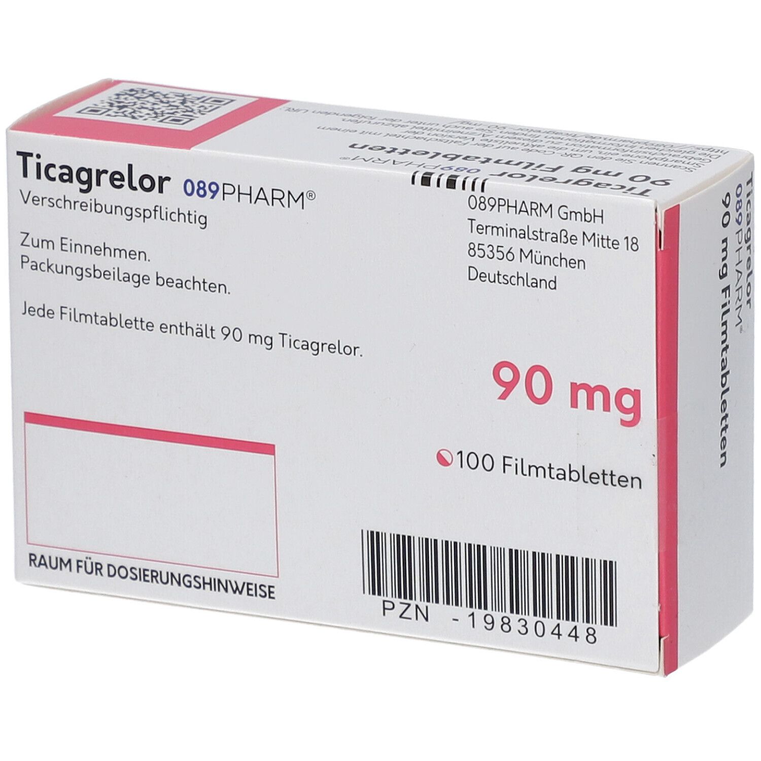 Schachtel mit Ticagrelor 90 mg Filmtabletten. 089PHARM Logo. 100 Filmtabletten. Rückseite mit Text und PZN-Nummer.