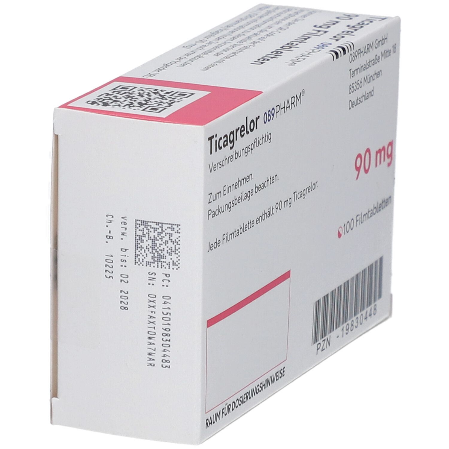 Schachtel mit Ticagrelor 90 mg Filmtabletten. 089PHARM Logo. 100 Filmtabletten. Seitenansicht mit Barcode und Text.