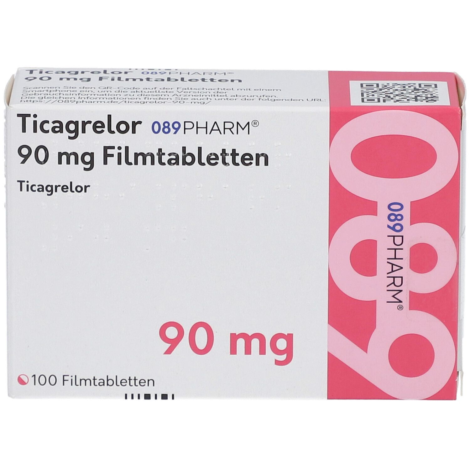 Schachtel mit Ticagrelor 90 mg Filmtabletten. 089PHARM Logo. 100 Filmtabletten. Frontansicht der Verpackung.