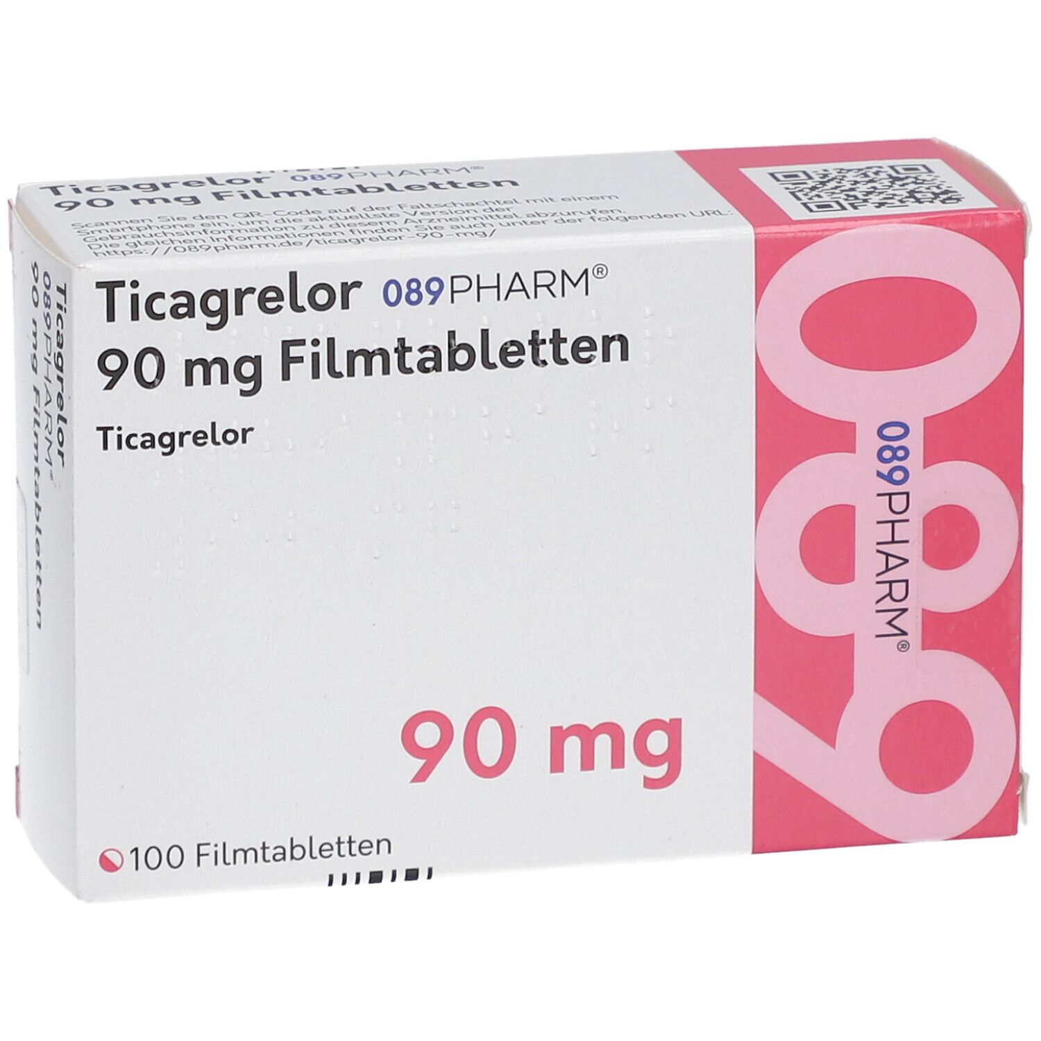 Schachtel mit Ticagrelor 90 mg Filmtabletten. 089PHARM Logo. 100 Filmtabletten. Nahaufnahme der Verpackung.