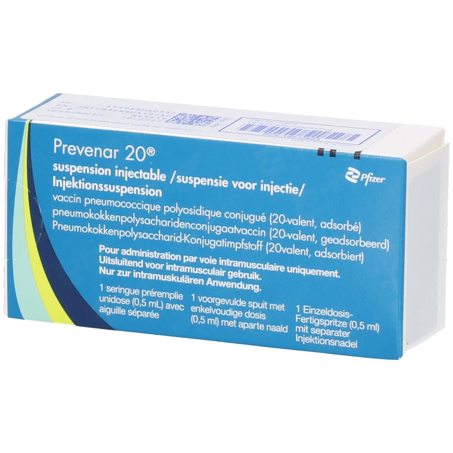 Packung Prevenar 20 Injektionssuspension, 1 Fertigspritze (0,5 ml) mit separater Injektionsnadel.