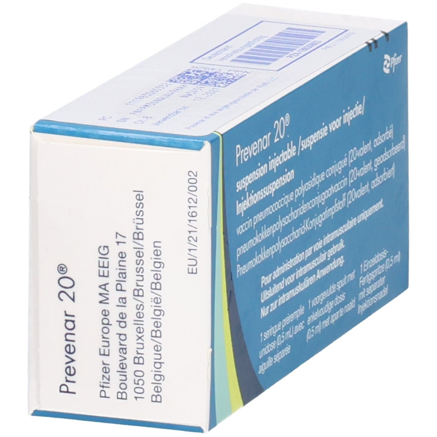 Prevenar 20 Injektionssuspension: Fertigspritze (0,5 ml) mit separater Injektionsnadel. Pfizer Europe.