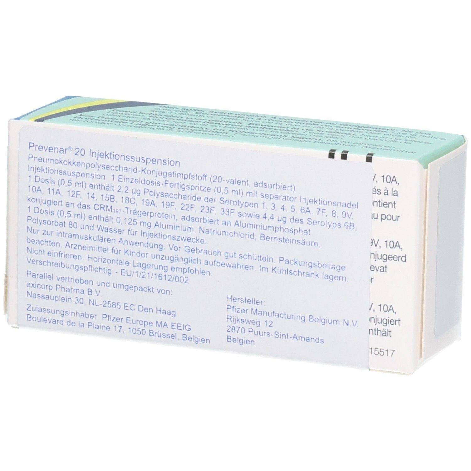 Prevenar 20 Injektionssuspension: Fertigspritze (0,5 ml) mit separater Injektionsnadel. Hersteller Pfizer.